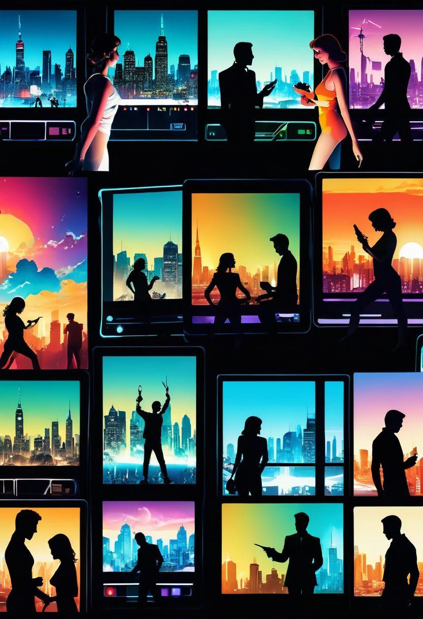 A dynamic collage showcasing the evolution of adult entertainment: vintage film reels transitioning into modern touchscreen devices displaying diverse explicit content. Integrate vivid graphics of evolving media icons and silhouettes of couples enjoying different forms of entertainment. Use a futuristic city skyline in the background to represent progress. super-realistic. vibrant colors. 3D.