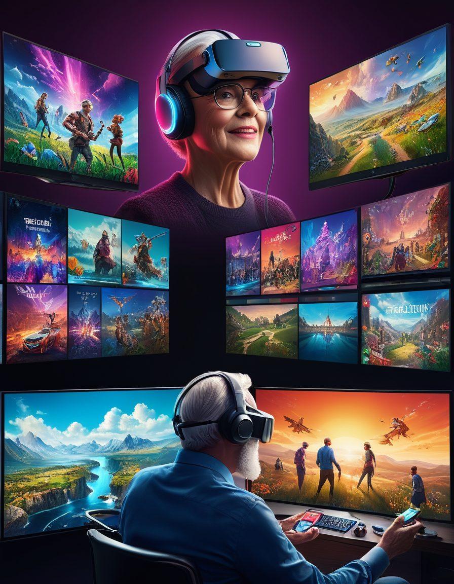 A captivating digital landscape showcasing a diverse group of mature individuals engaging with various online entertainment platforms, such as streaming services, gaming, and virtual reality. The scene should depict a blend of technology and enjoyment, highlighting the vibrant colors of the screens and devices around them. Include elements representing streaming, gaming, and social interaction to emphasize the shift in digital entertainment for mature audiences. modern, dynamic composition. vibrant colors. super-realistic.